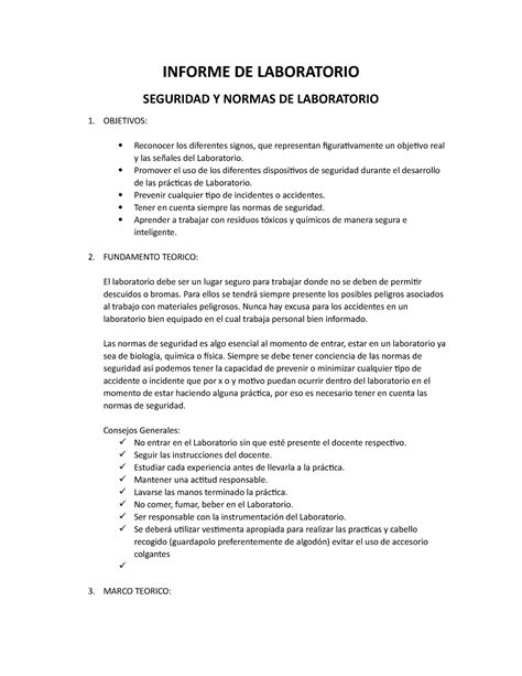 Informe Quimica Normas De Seguridad Del Laboratorio Informe De