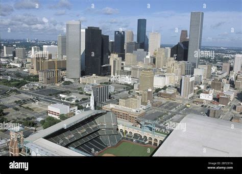 Houston Texas Aerials Of Downtown Skyline With Baseball Team Houston