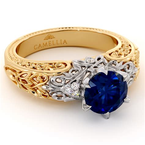 Eternal Vintage Blue Sapphire Engagement Ring Camellia Jewelry