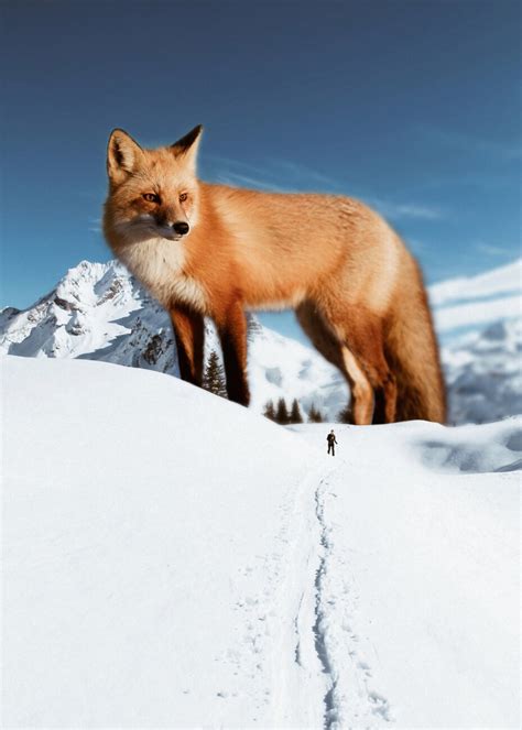 Poster Affiche Giant Red Fox In Snow Mountains Cadeaux Et Merch