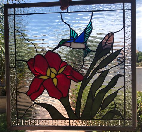 Gorgeous Iris And Hummingbird Leaded Stained Glass Window Panel Etsy