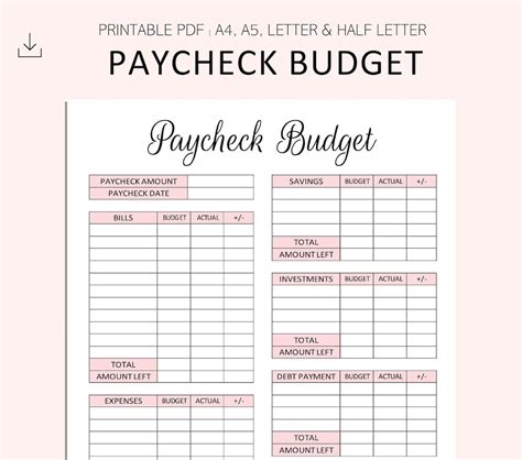 Paycheck Budget Printable Pdf A4 A5 Letter Half Letter Etsy