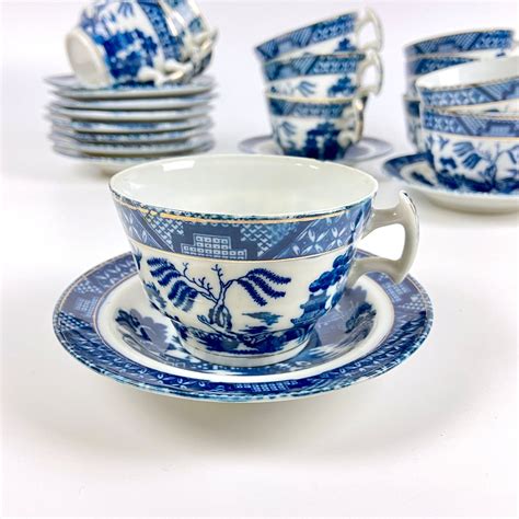Antique Porcelain Blue Willow Tea Cups Set Of Eleven 11 Etsy