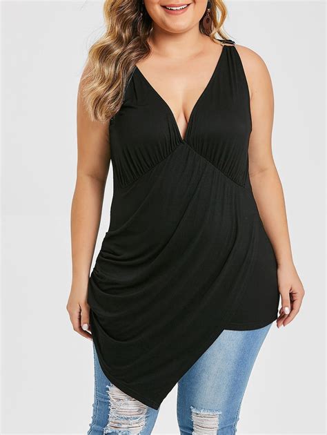 17 Off 2021 Plus Size Plunging Neck Ruffles Tank Top In Black