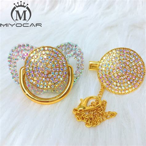 Miyocar All Colorful Bling Full Rhinestone Pacifier And Clip Set Pacifier Chain Holder Gold