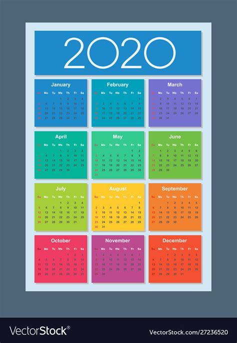 Colorful Year 2020 Calendar Week Starts On Sunday Vector Image