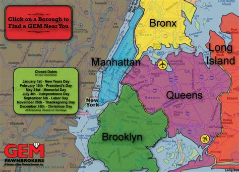 Map Of New York City Boroughs And Gem Pawnbrokers Locations