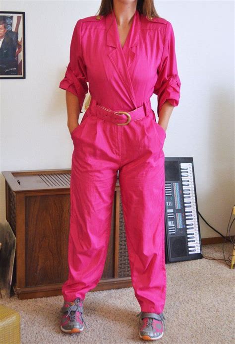 Vintage 80s Joan Walters Hot Pink Shell Belted Windbreaker Coveralls