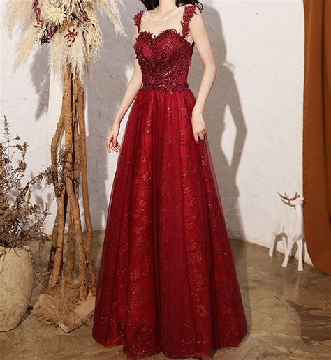 Wine Red Prom Dress Sparkly Evening Dress Beading Applique Etsy