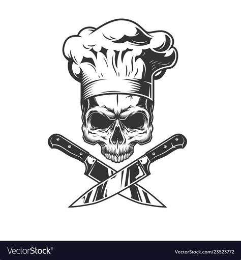Skull Without Jaw In Chef Hat With Crossed Knives In Vintage Style