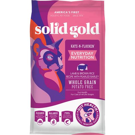 With its gamey flavors, your cat will not be able to resist. Solid Gold Katz-N-Flocken Lamb & Brown Rice All Life ...