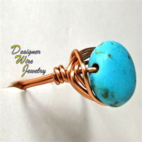 Blue Howlite Turquoise Coin Solitaire Artisan Copper Wire Wrapped Ring