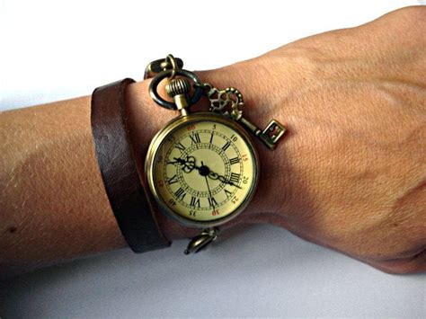 Pocketwrapwatch Pocket Watch Wrist Watch Antique Style Real Leather Bracelet And Little Key