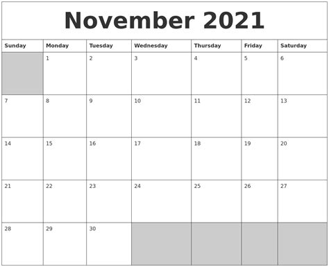 November 2021 Blank Printable Calendar