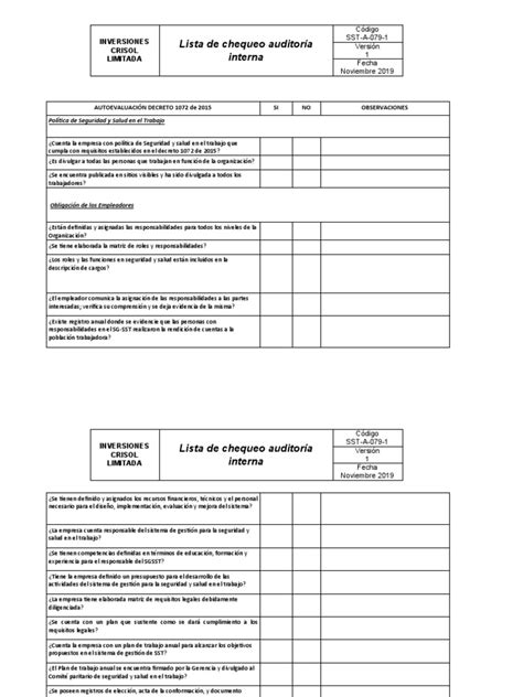 Sst A 079 1 Lista De Chequeo Auditoria Interna Pdf Auditoría