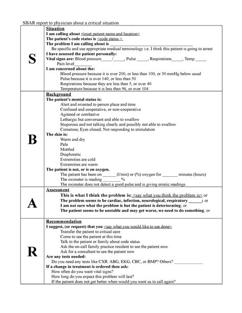 Sbar Report Example Sbar Sbar Report To Physician About A Critical