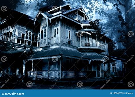 Haunted House Old Abandoned House In The Night Forest Stock Image