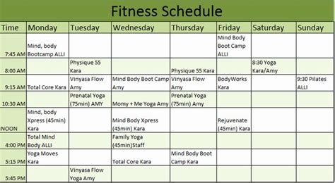 training schedule template excel luxury   fitness schedule