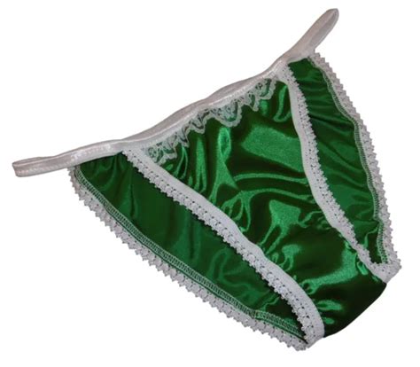Emerald Green Shiny Satin Panties Tanga String Bikini Ivory Lace Made