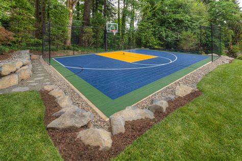 21' x 25' basketball court kits designed for locations and backyards with limited space, the mini court features approximately 500 square feet of court space complete with a colored, regulation sized 12' wide lane. Tips to Make Your Own Basketball Court [Stencils, Layouts ...