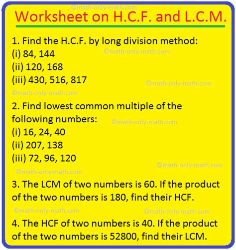 Hcf And Lcm Of Large Numbers Worksheet