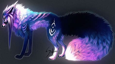 A Drawing Of A Wolf With Purple And Blue Colors On Its Fur Standing