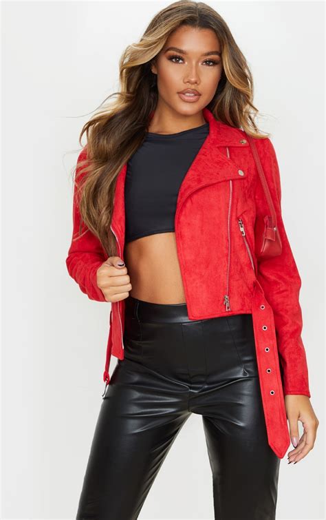 Red Faux Suede Biker Jacket Coats And Jackets Prettylittlething