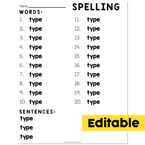 Editable Spelling Words Template 20 Words Sentences Lucky Little