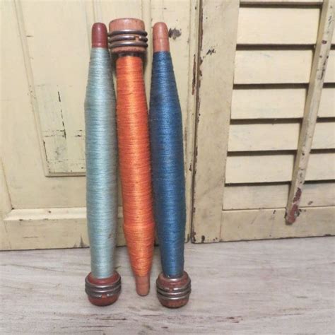 3 Antique Wooden Industrial Thread Spools Bobbins With Thread Thread
