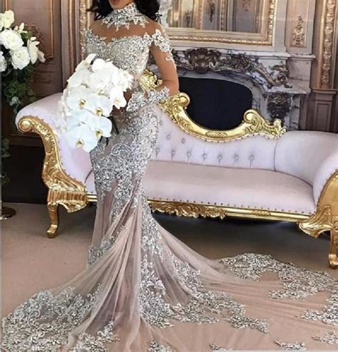 Sexy Sheer Bling Lace High Neck Illusion Long Sleeve Mermaid Bridal Go Bling Brides Bouquet