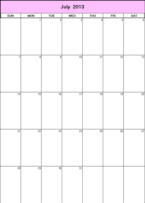 July 2013 Printable Blank Calendar