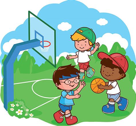 Cartoon Kids Playing Basketball