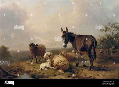 Verboeckhoven Eugene Joseph A Donkey And Sheep On A Hilltop Stock