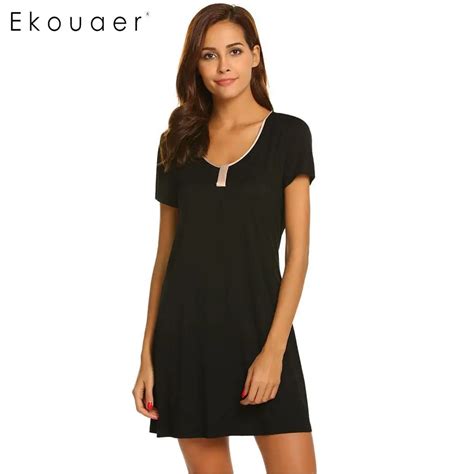 Ekouaer Women Chemise Nightgown Casual O Neck Short Sleeve Loose Nightdress Female Sleepshirts
