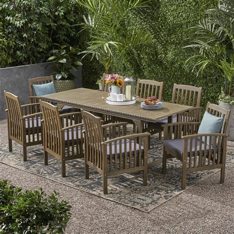 Christopher Outdoor 8 Seater Expandable Acacia Wood Dining Set Gray