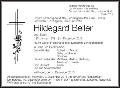 Traueranzeigen Von Hildegard Beller Schwaebische De Trauerportal My