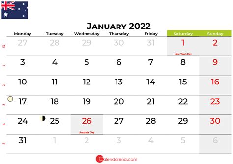 January 2022 Calendar Australia With Holidays