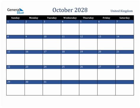 October 2028 Monthly Calendar With United Kingdom Holidays