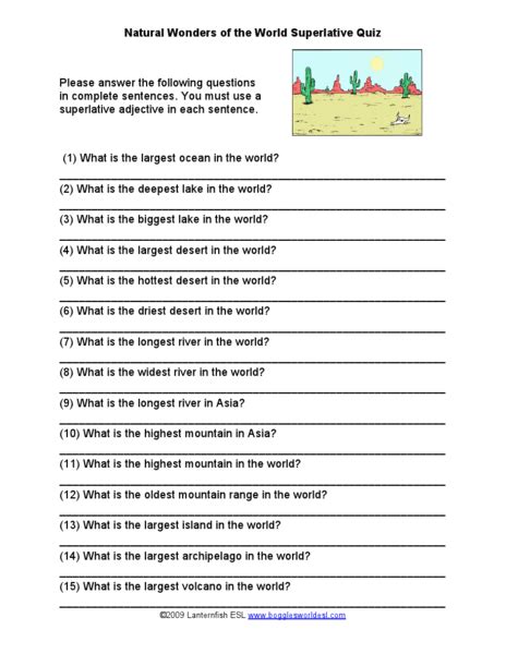 Natural Wonders Of The World Superlative Quiz Worksheet For 3rd
