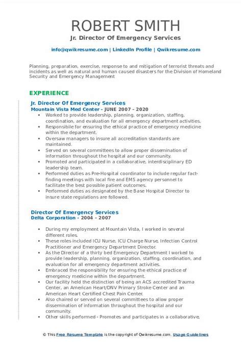 Looking for emergency management resume templates work template makingthepoint co? Director Of Emergency Services Resume Samples | QwikResume