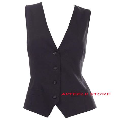 Womens Suit Vest V Neck 4 Button Formal Workwear Black Sleeveless Jacket Lady Waistcoat Vests