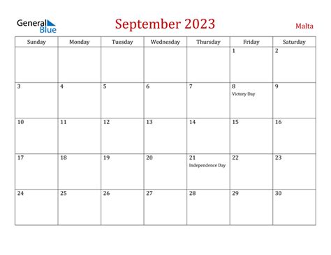 Malta September 2023 Calendar With Holidays