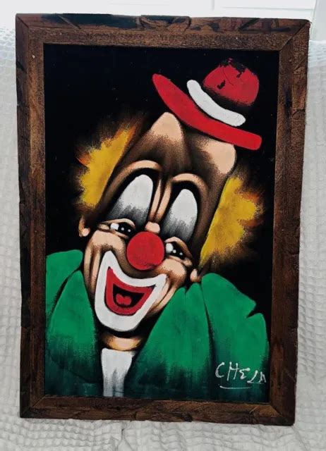 Vintage 1970s Clown Laughing Black Velvet Felt Painting Framed Signed £