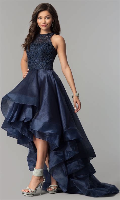 Lace Bodice High Low Navy Organza Prom Dress Promgirl