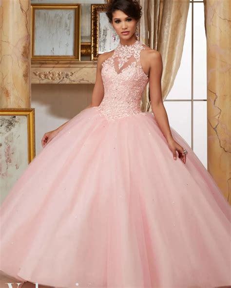 Light Pink Corset Quinceanera Dress Simple Appliques High Neck Debutante Gown Off The Shoulder