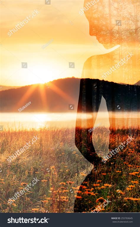 Woman Silhouette Nature Abstract Double Exposure Stock