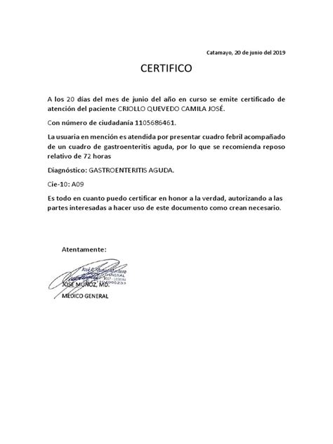 Certificado De Salud Camilo Especialidades Medicas Medicina Clinica