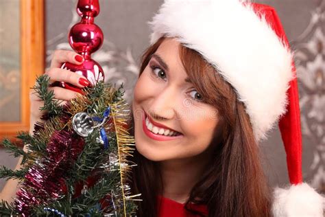 Beautiful Woman Decorating The Christmas Tree Stock Photo Image Of