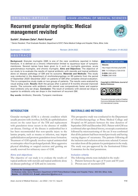 Pdf Recurrent Granular Myringitis Medical Management Revisited