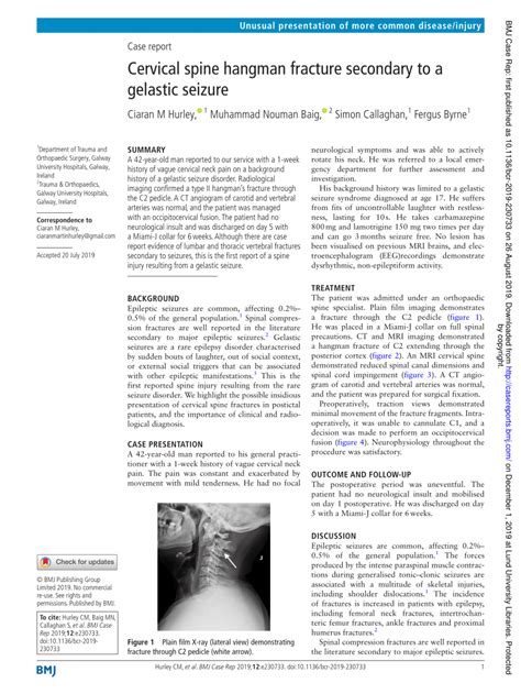 Pdf Cervical Spine Hangman Fracture Secondary To A Gelastic Seizure
